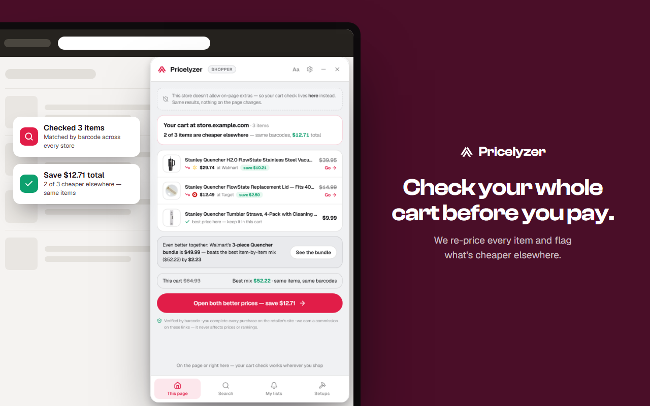 Cart check — Pricelyzer re-prices every item and flags what's cheaper elsewhere