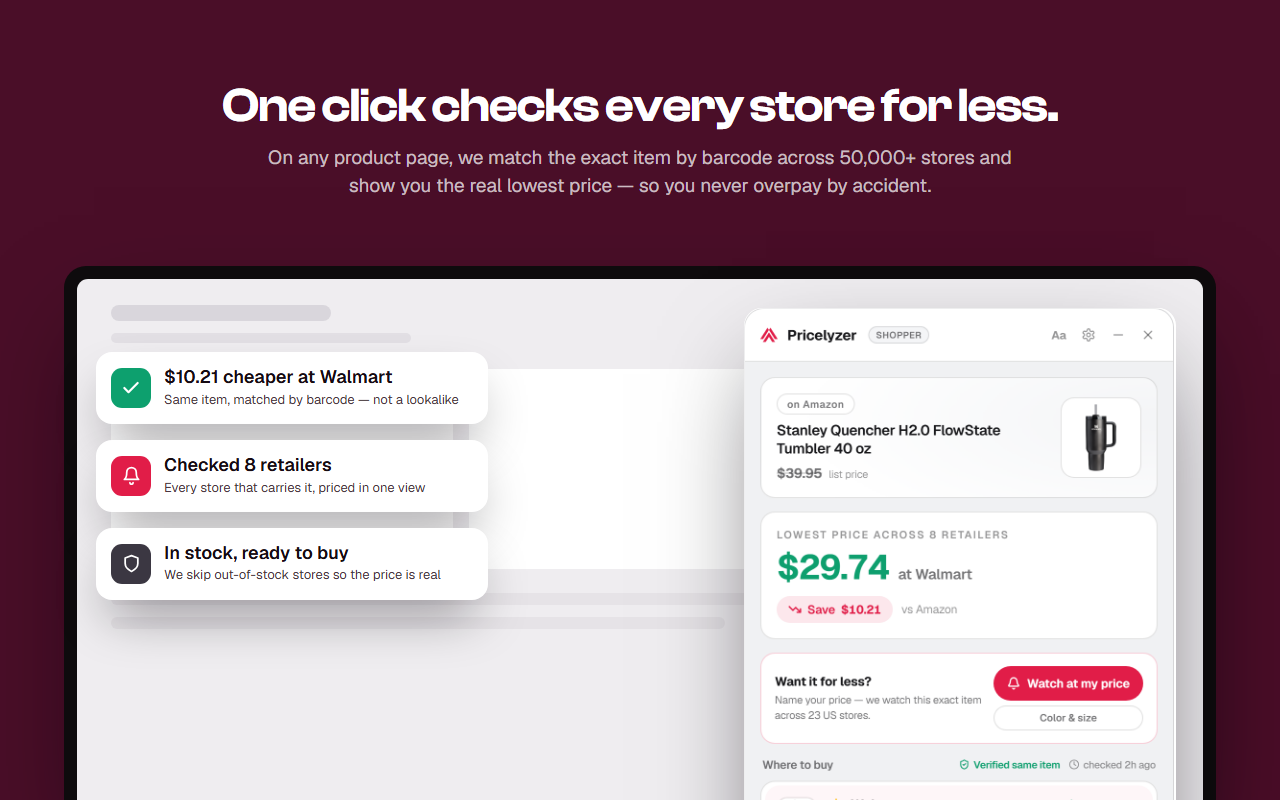 One click checks every store — the exact item matched by barcode across 50,000+ stores